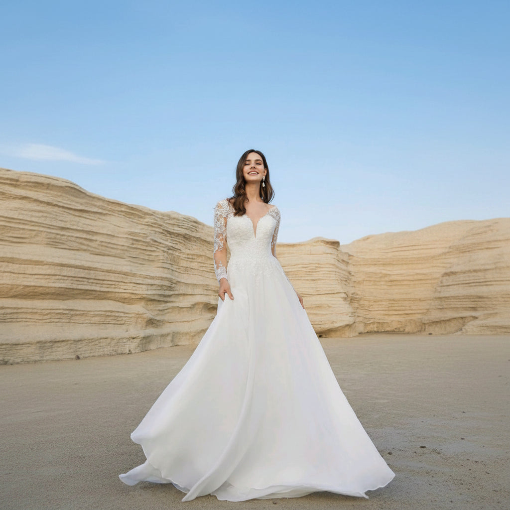 Vestido de Novia Aitana: Elegancia Bohemia en Encaje Ilusión