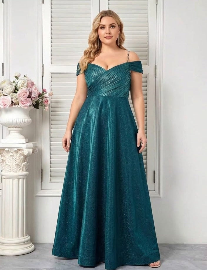 Vestido turquesa off-the-shoulder brillante corte A