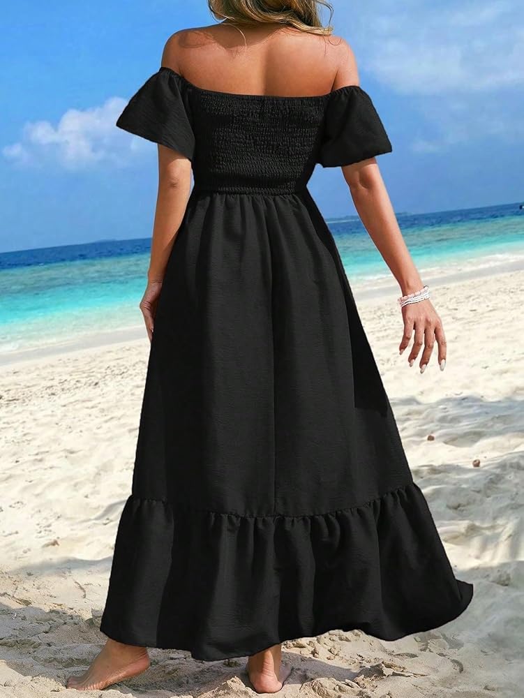 Vestido negro casual off-the-shoulder