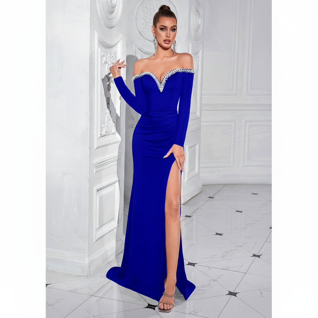 Vestido azul rey manga larga con abertura lateral