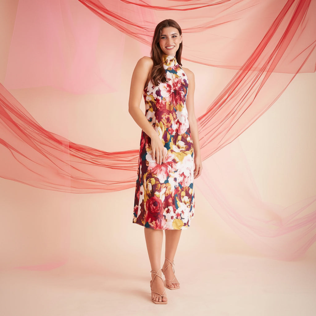 Vestido formal con estampado floral cuello alto