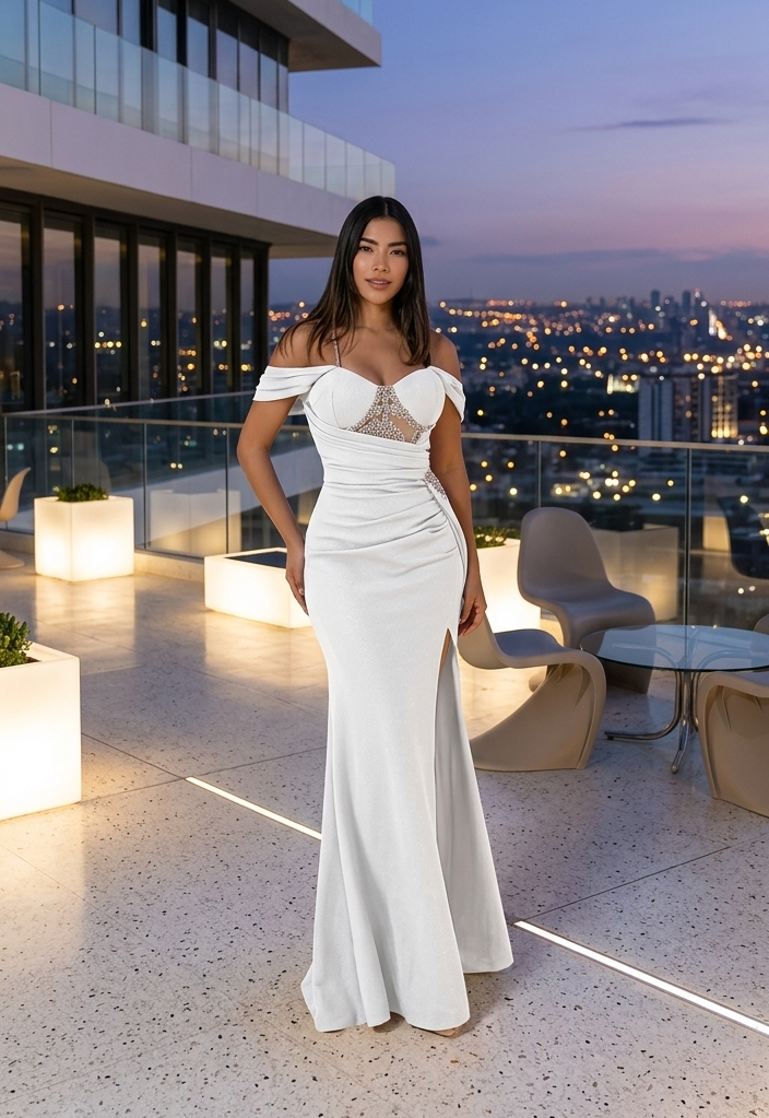 Vestido blanco brillante con transparencia off-the-shoulder