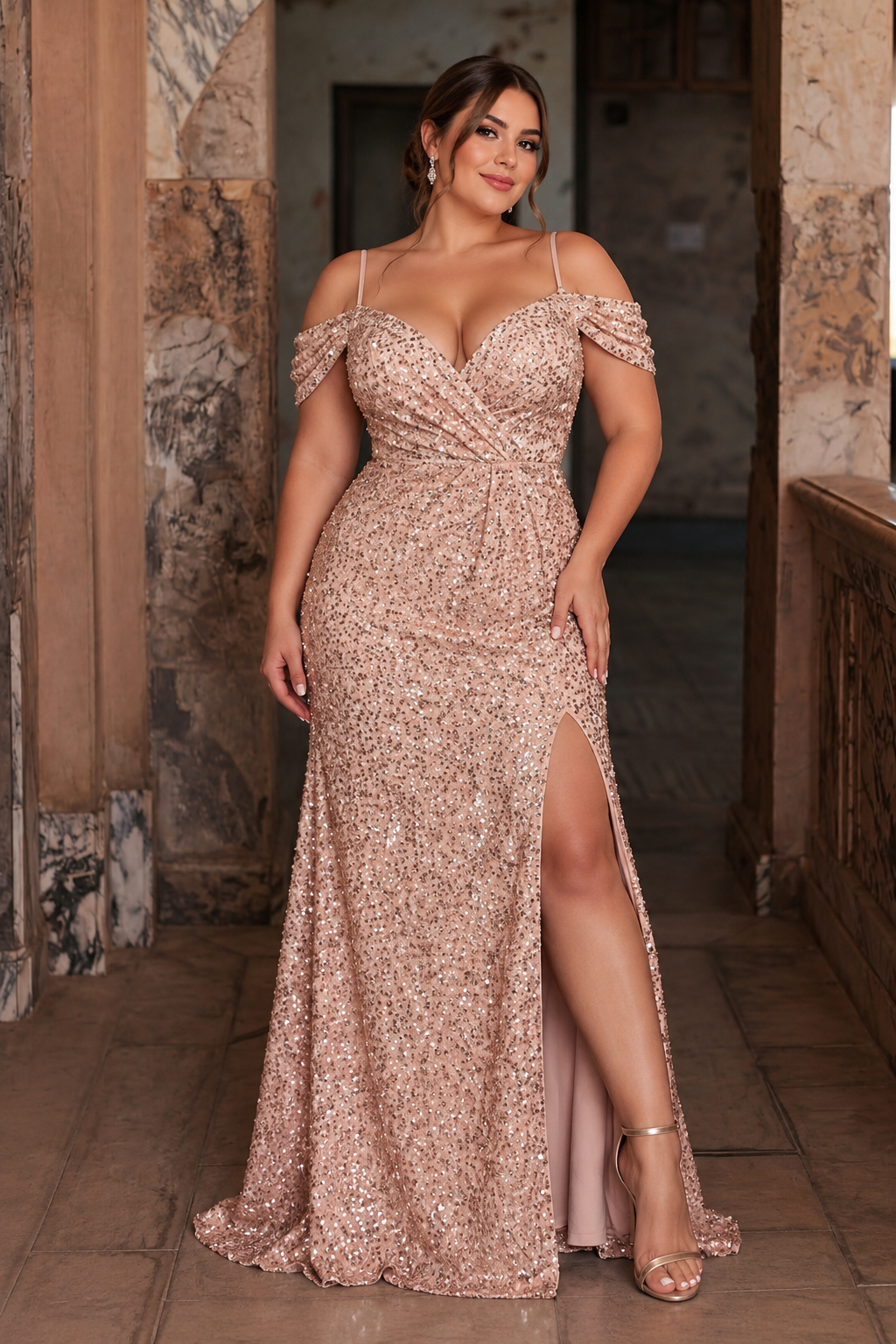 Vestido oro rosa lentejuelas off-the-shoulder con abertura lateral