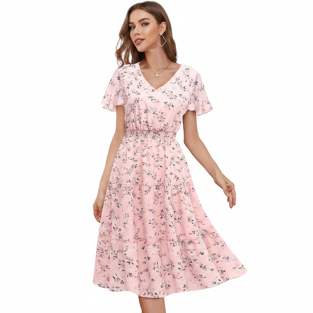 Vestido rosado con estampado floral midi