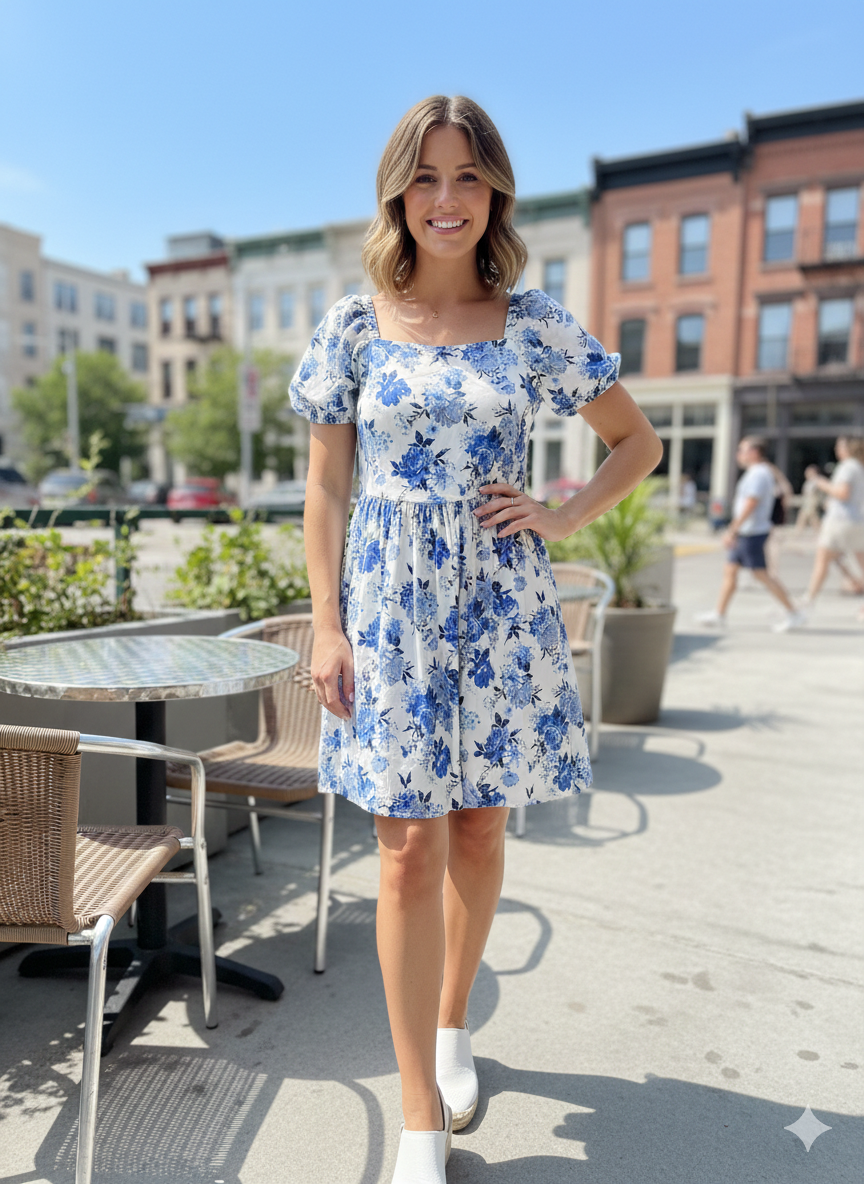 Vestido blanco flores azules