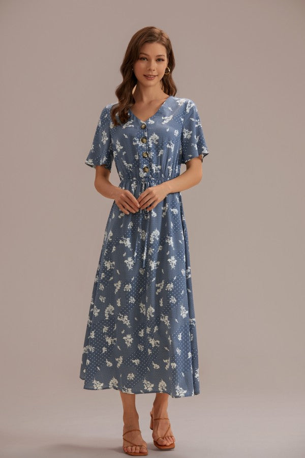 Vestido dusty blue con estampado manga corta