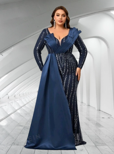 Vestido lentejuelas y saten azul marino manga larga