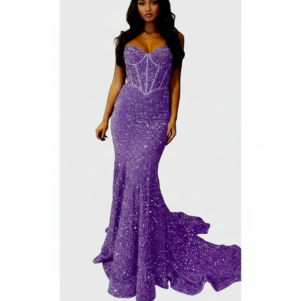 Vestido lila lentejuelas moradas tipo corsé ajustable con cola