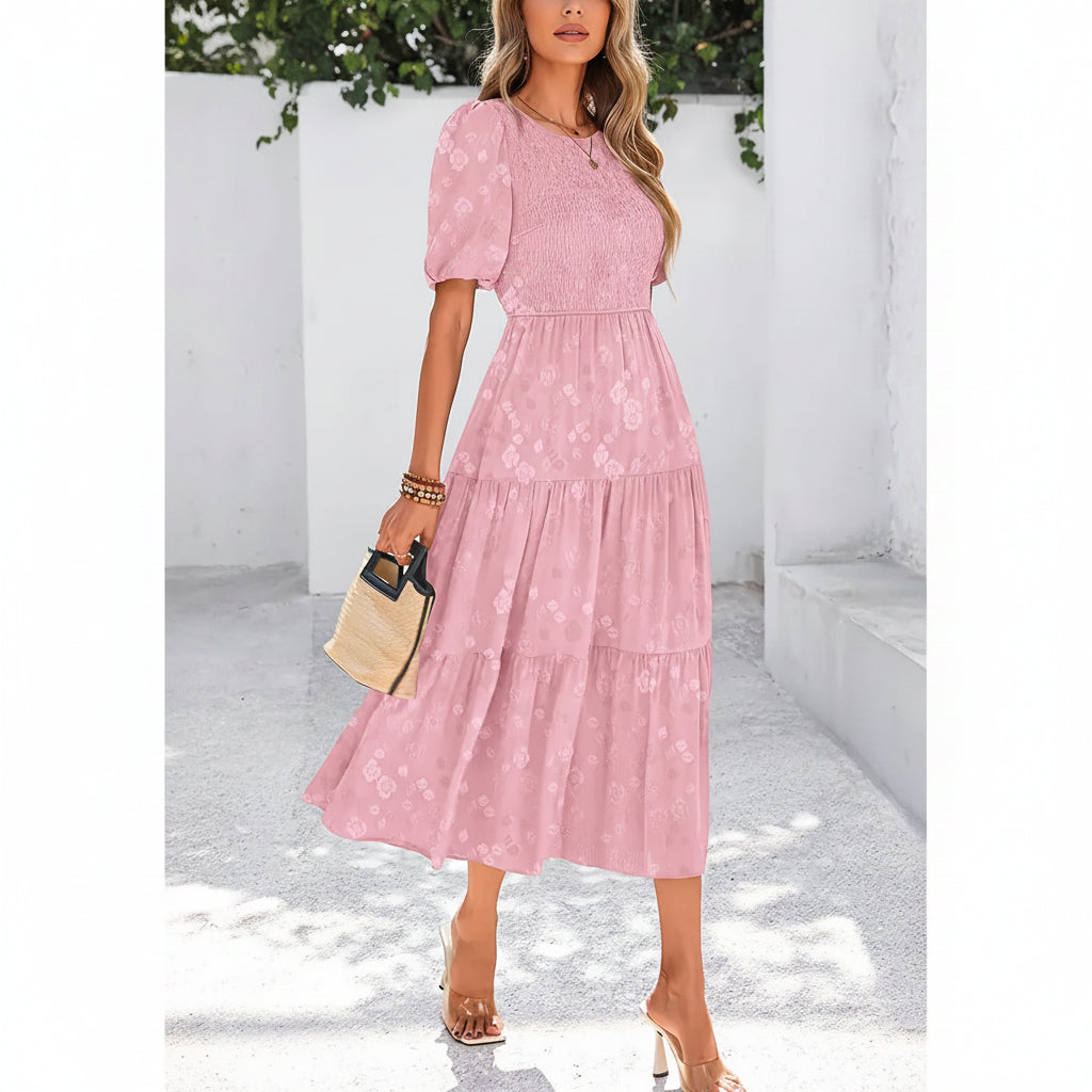 Vestido palo rosa corte A manga corta