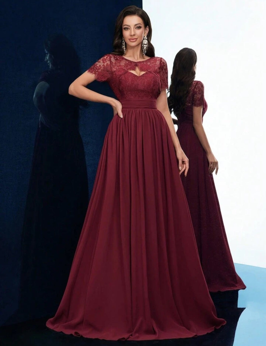 Vestido vino encaje y falda chiffon