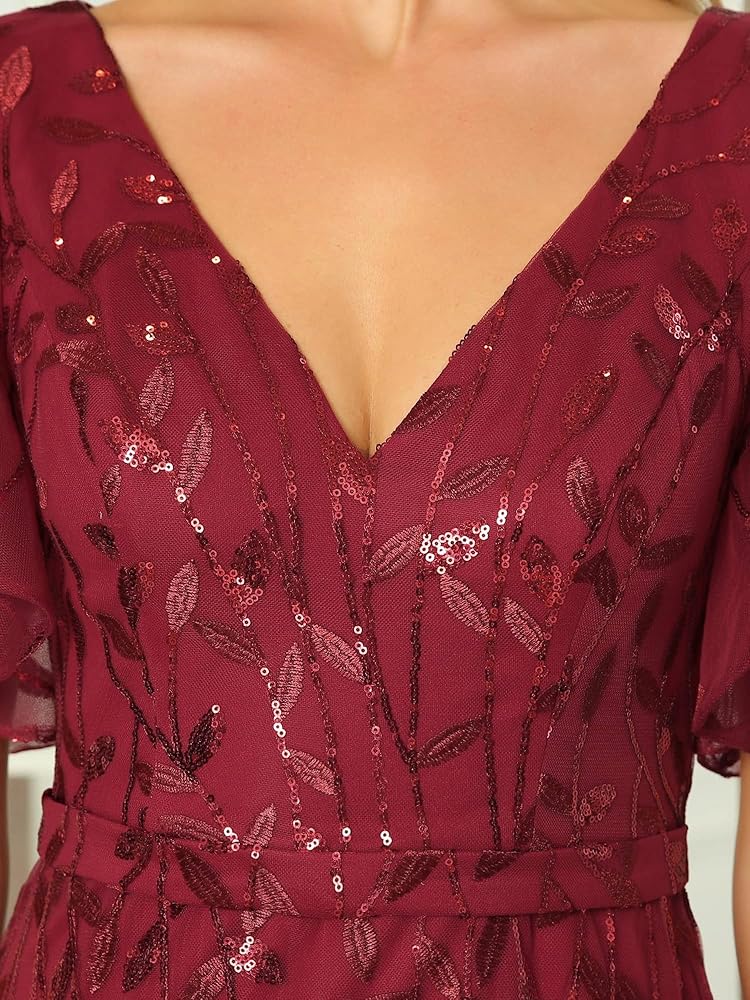 Vestido vino lentejuelas con escote en V