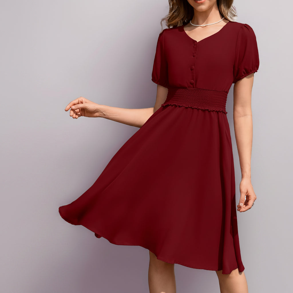 Vestido vino formal midi corte A manga corta