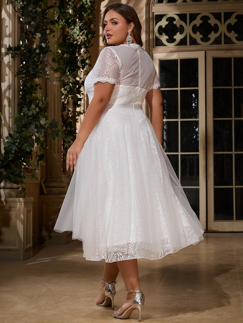 Vestido blanco encaje y tul midi
