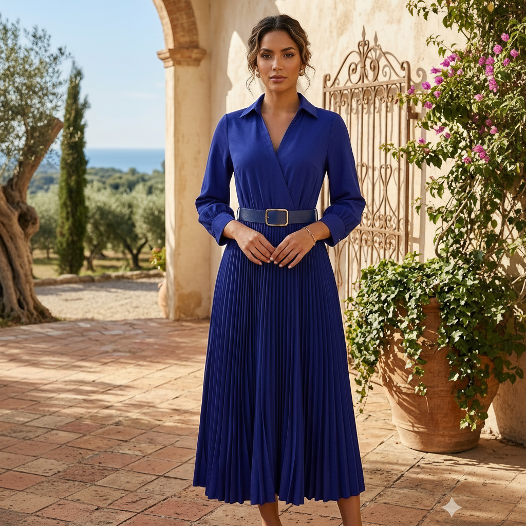 Vestido azul plisado manga 3/4