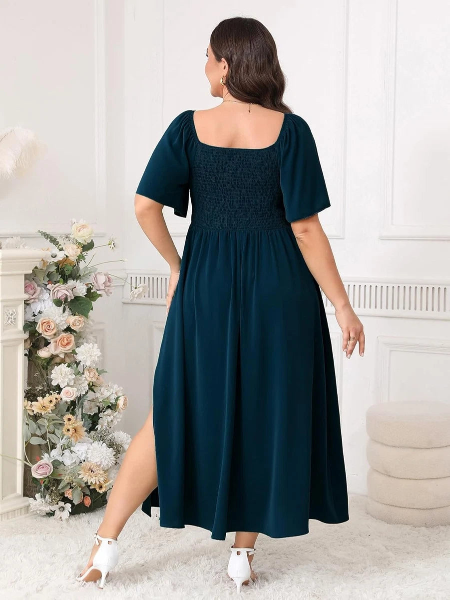 Vestido turquesa manga corta con abertura lateral