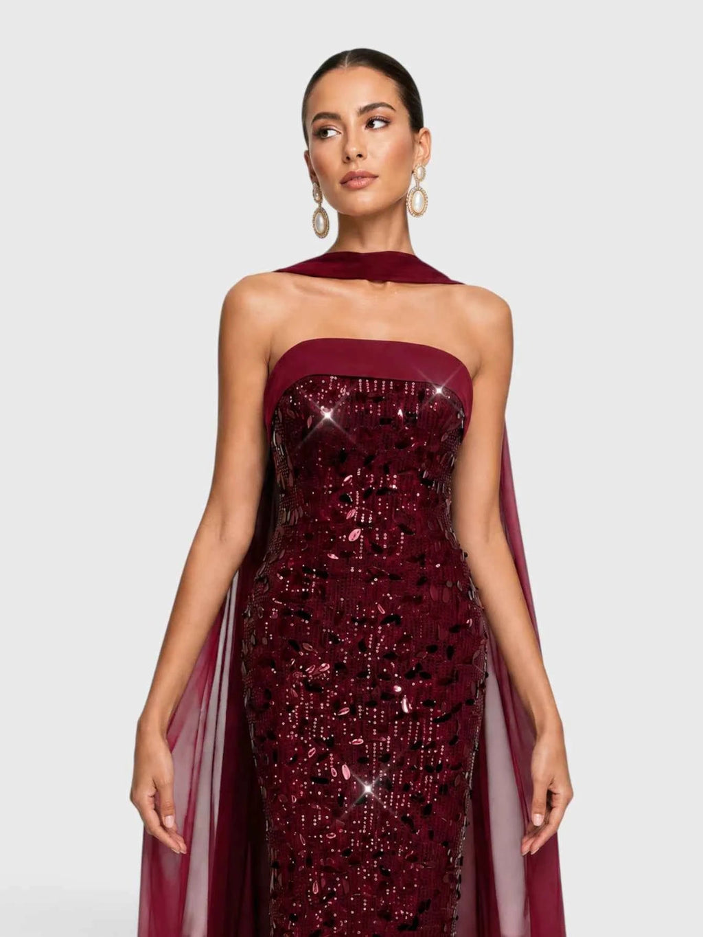 Vestido vino lentejuelas straple corte recto