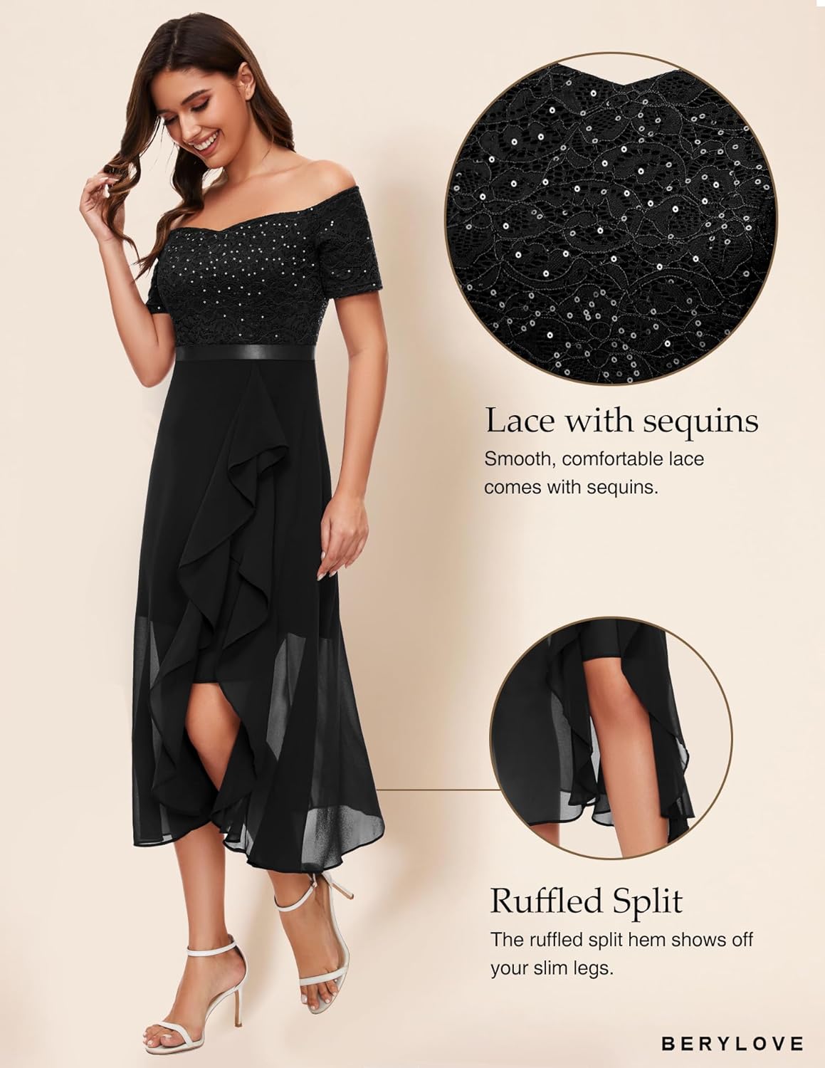 Vestido negro encaje lentejuelas off-the-shoulder y falda chiffon