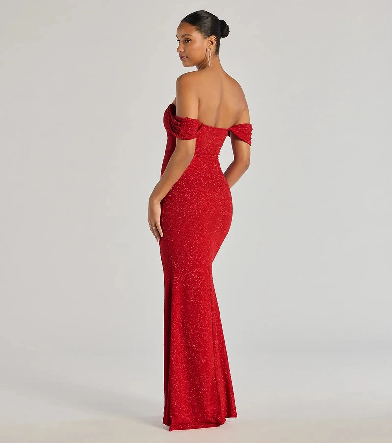 Vestido Tamara off-the-shoulder vino brillante