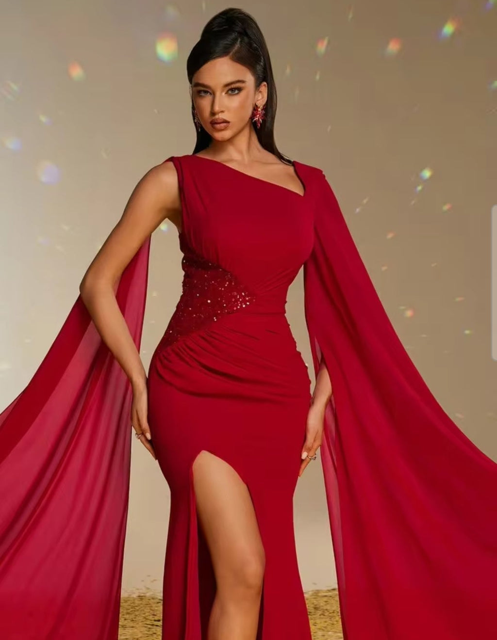 Vestido rojo cherry manga capa con abertura lateral