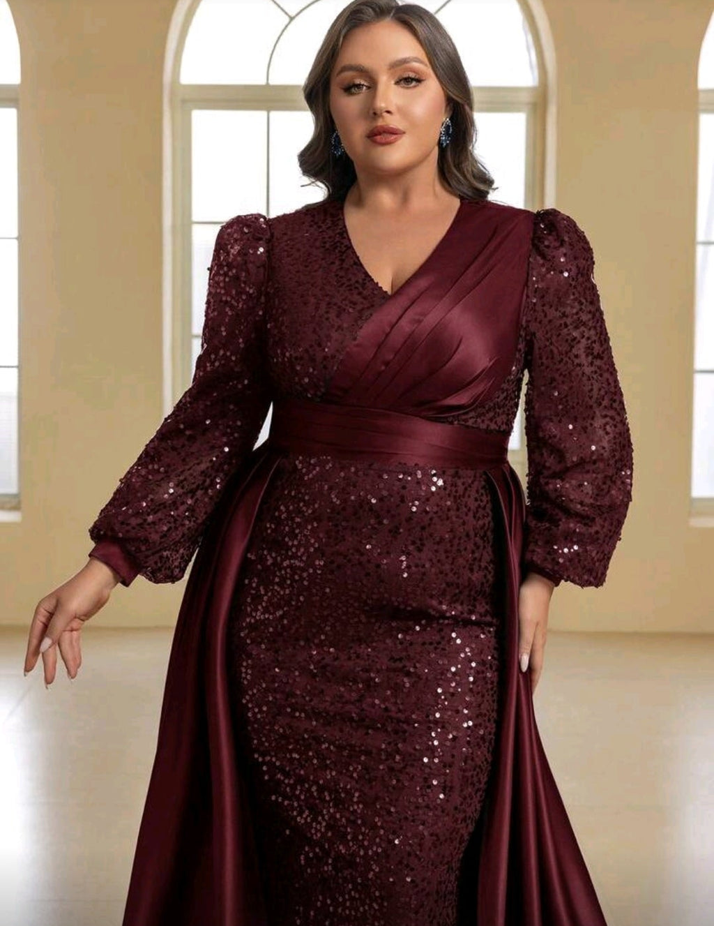 Vestido vino lentejuelas y falda satinada manga larga