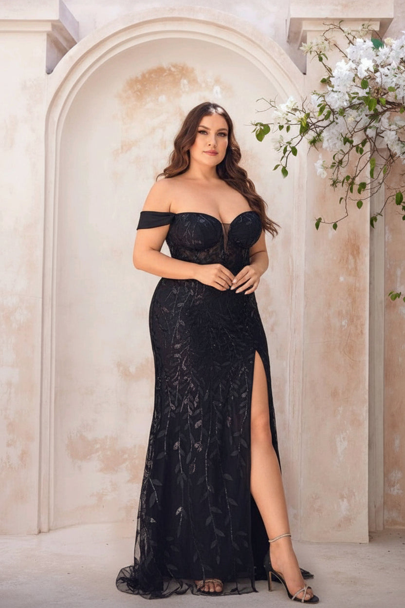Vestido negro de lentejuelas con abertura lateral