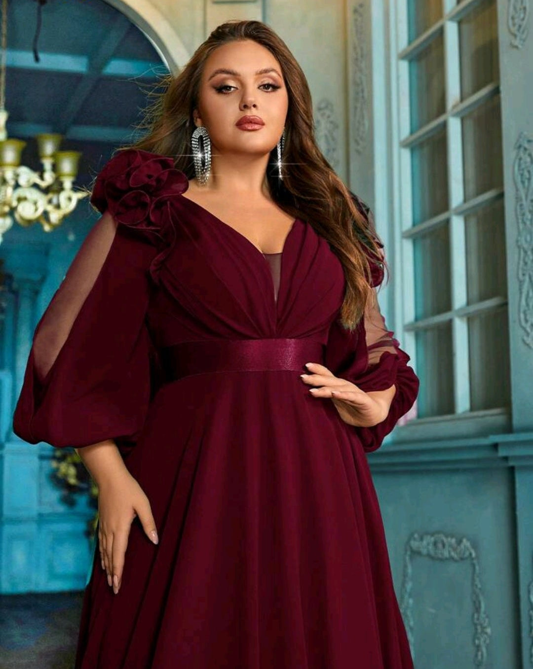 Vestido vino manga larga corte A con escote en V