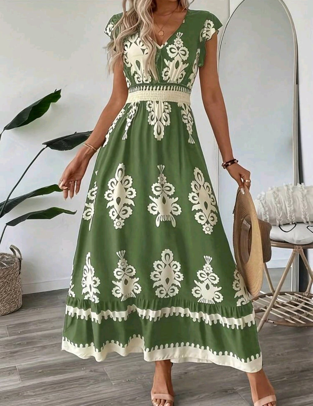 Vestido casual verde con estampado bohemio