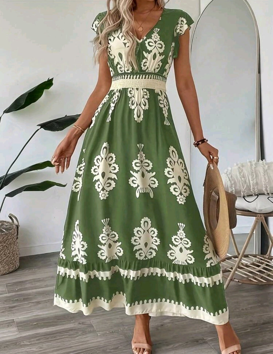 Vestido casual verde con estampado bohemio