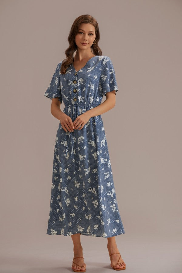 Vestido dusty blue con estampado manga corta