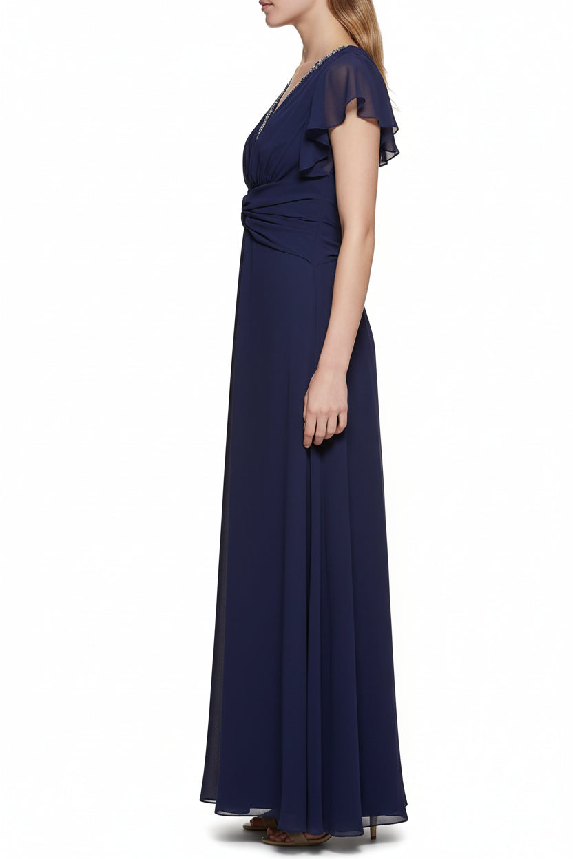 Vestido azul marino cuello V con pedrería