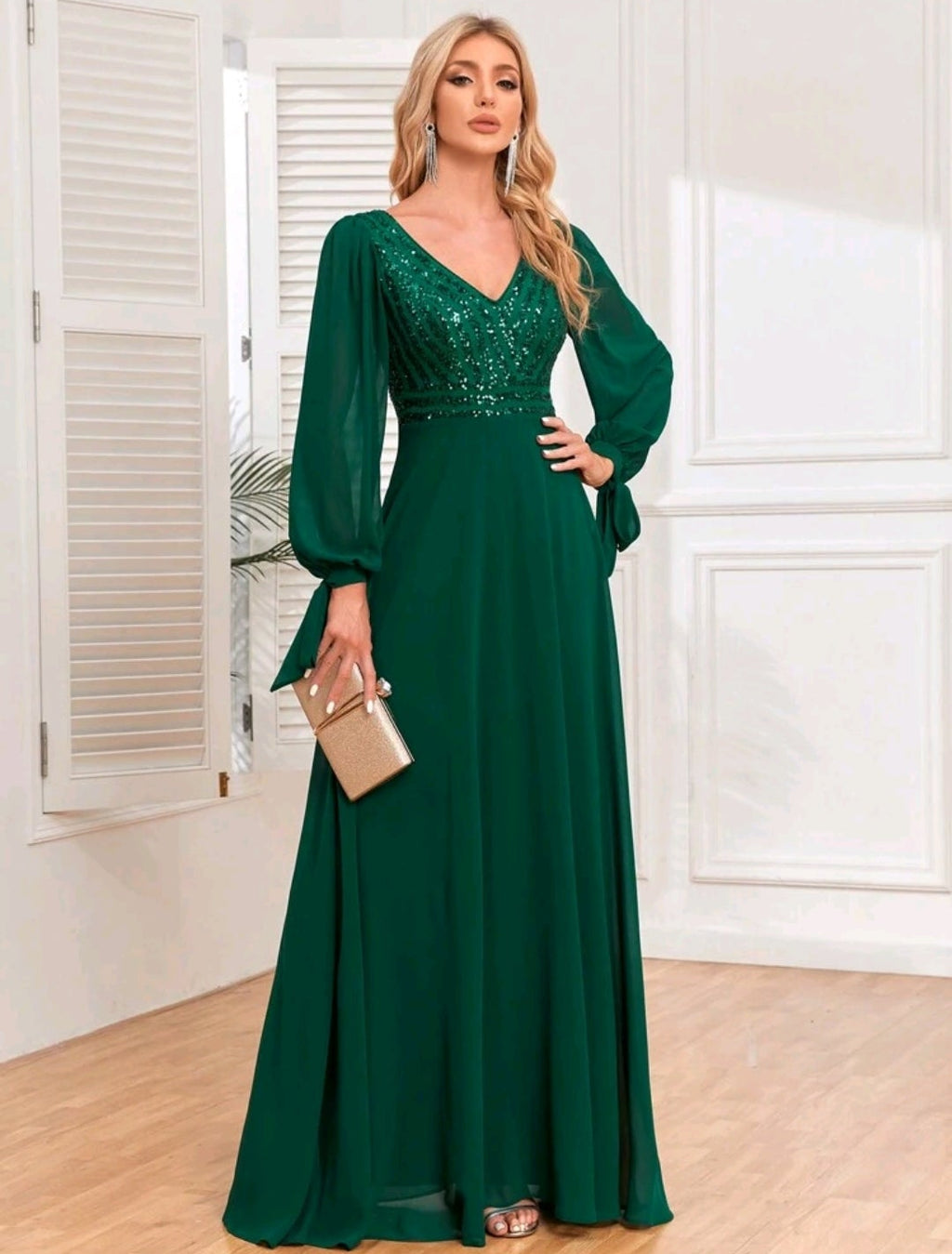 Vestido lentejuelas y falda chiffon manga larga
