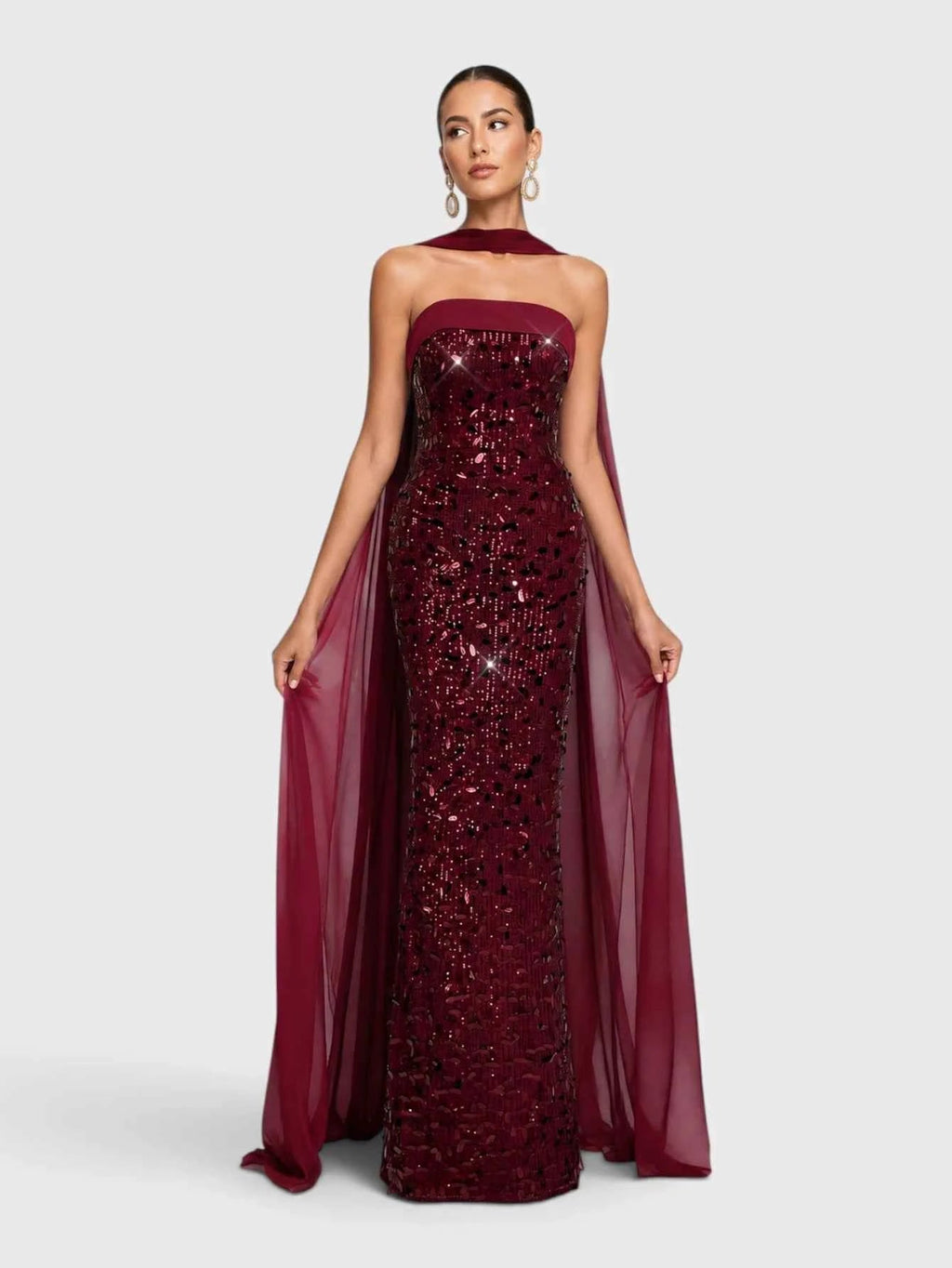 Vestido vino lentejuelas straple corte recto