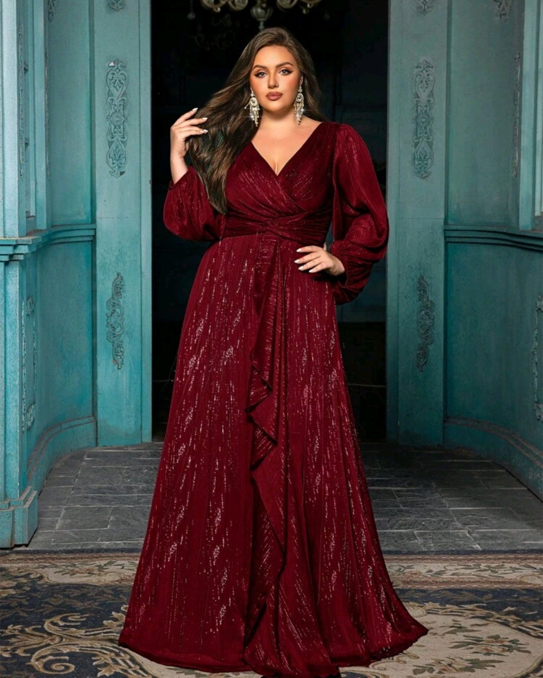 Vestido vino oscuro manga larga con brillo
