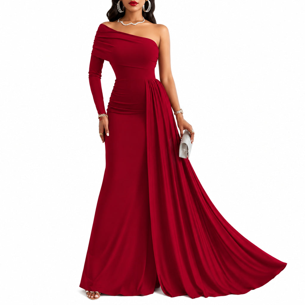 Vestido vino rojizo de una manga pegado al cuerpo tela licra fría