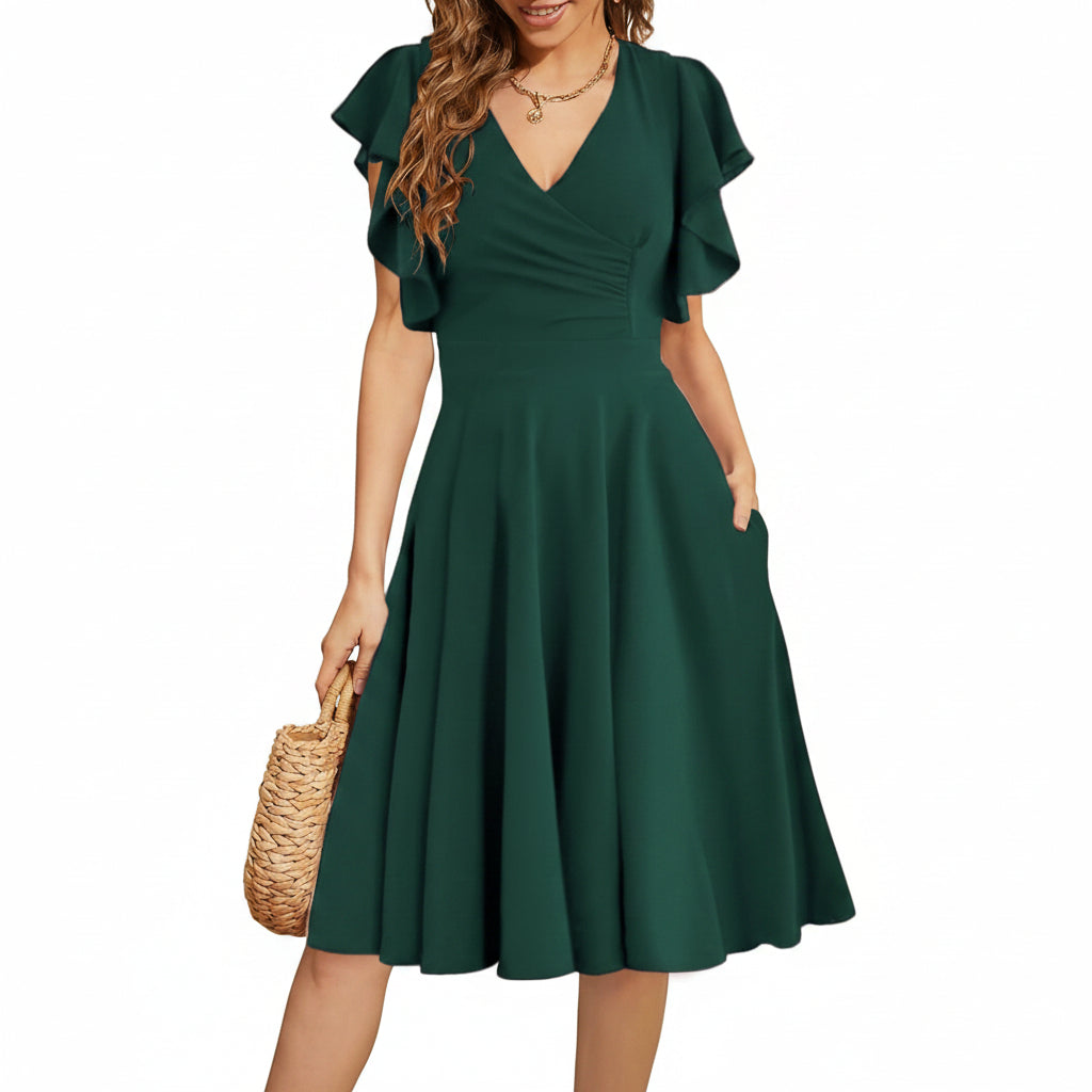 Vestido verde esmeralda midi con escote en V