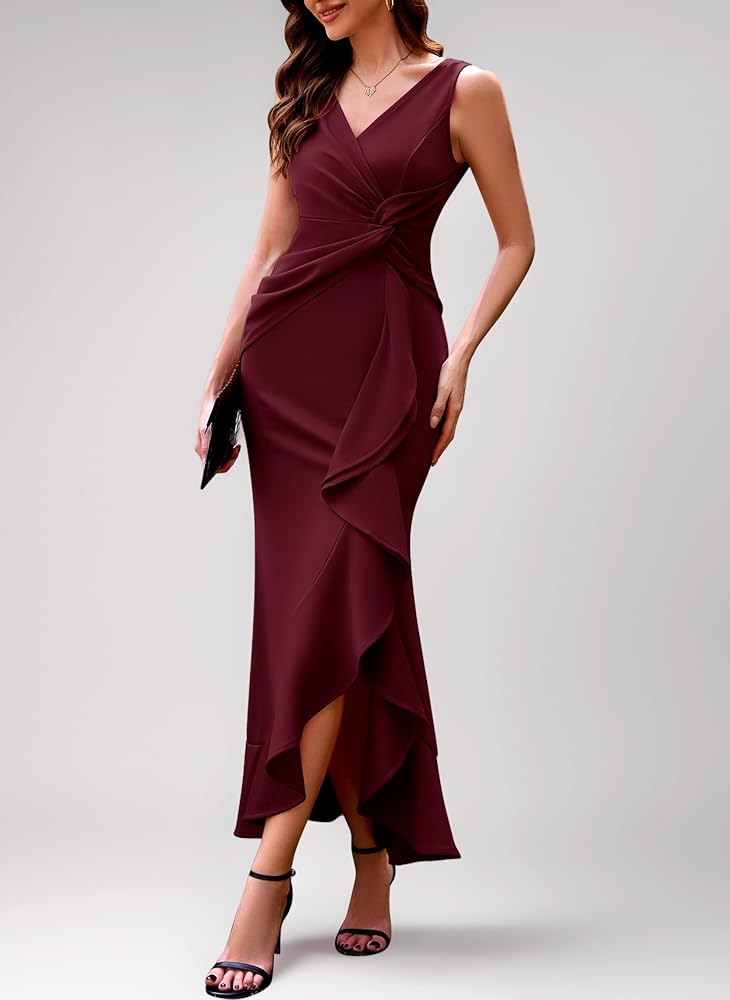 Vestido vino tirante grueso peplum formal