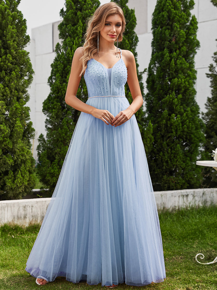 Vestido dusty blue corte A tul