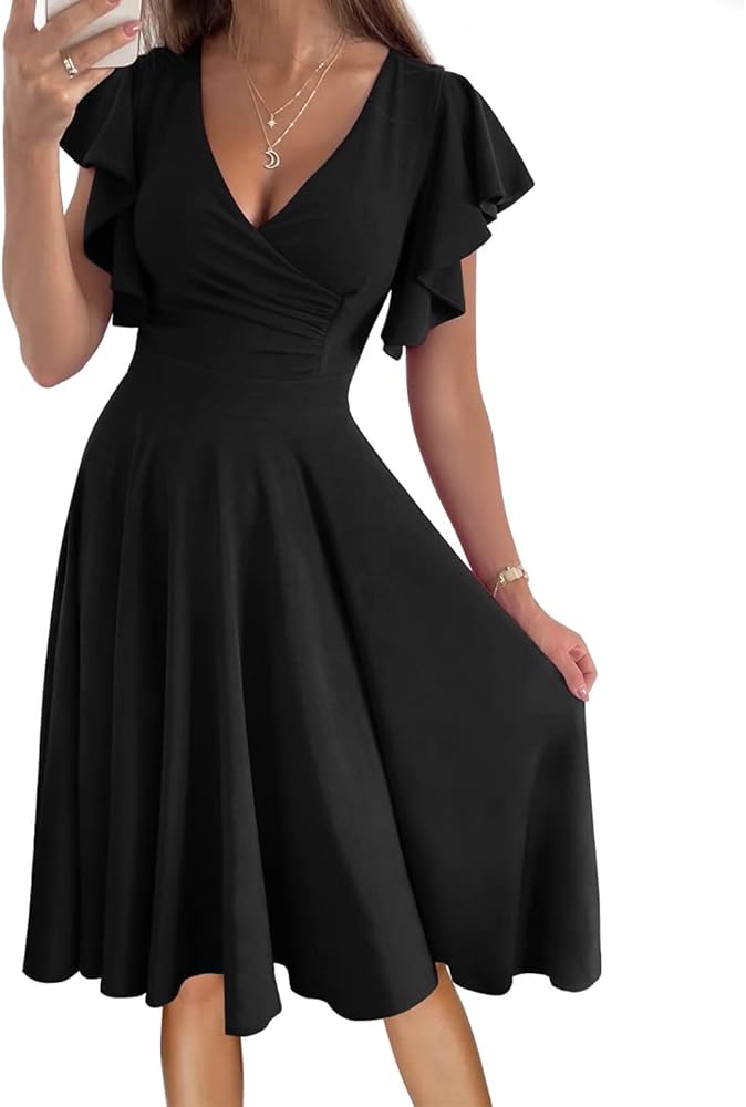 Vestido negro formal midi con escote en V