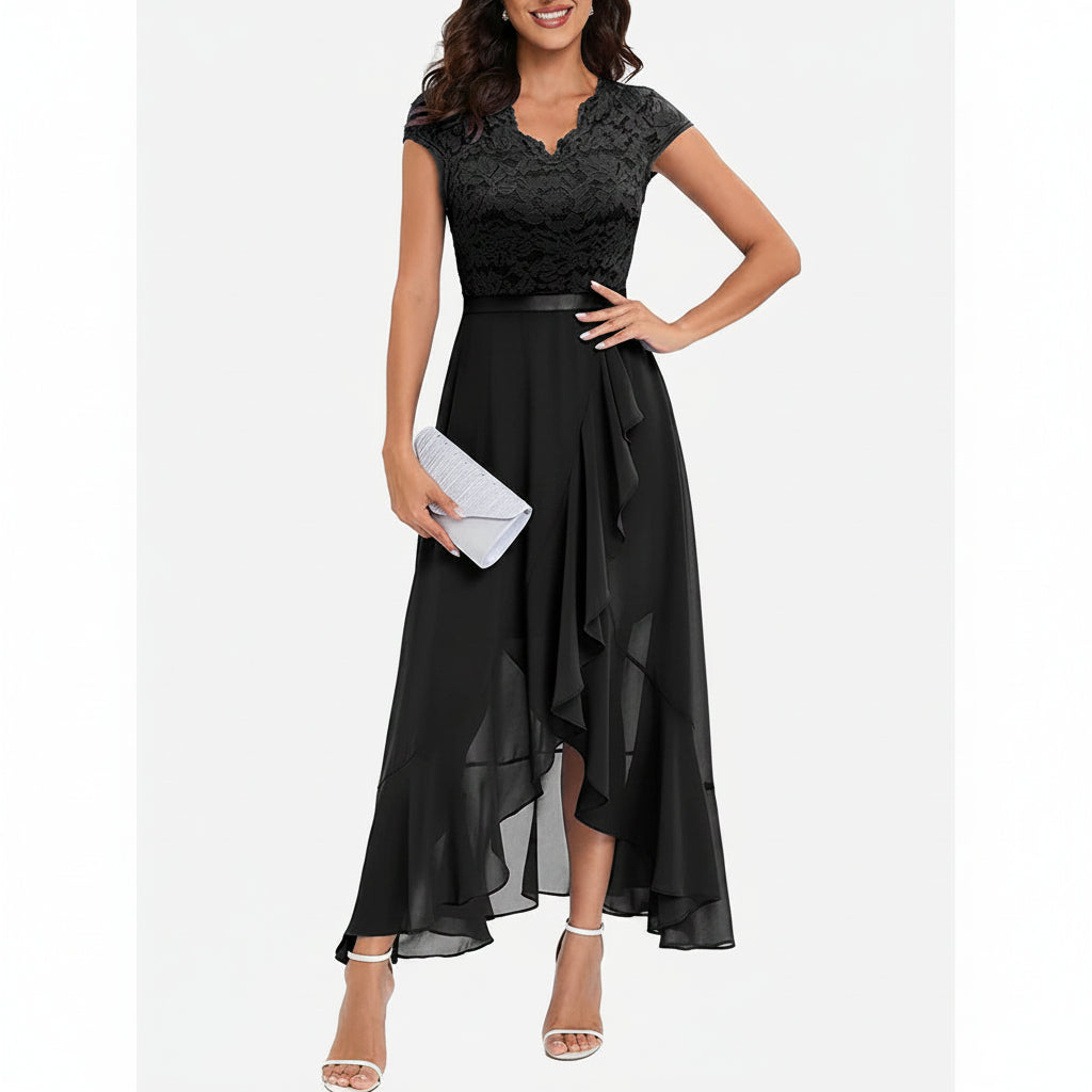 Vestido negro encaje y falda chiffon corte A