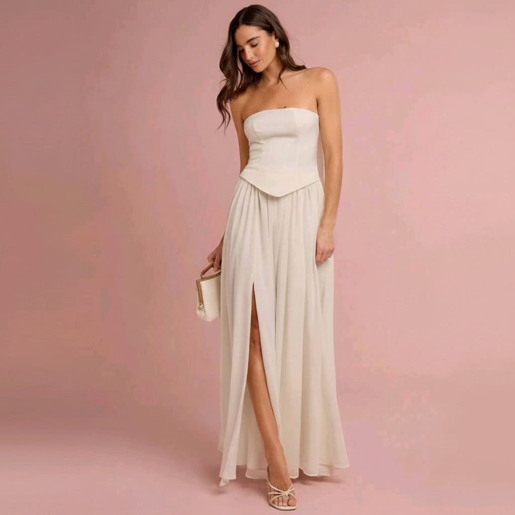 Vestido color Apricot straple con abertura lateral