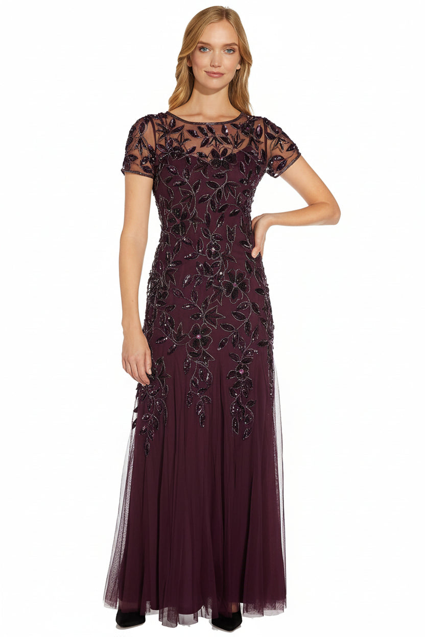 Vestido morado corte sirena bordado lentejuelas