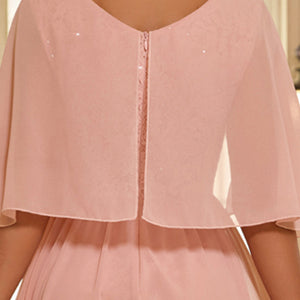 Vestido palo rosa manga capa corta encaje lentejuelas falda chiffon
