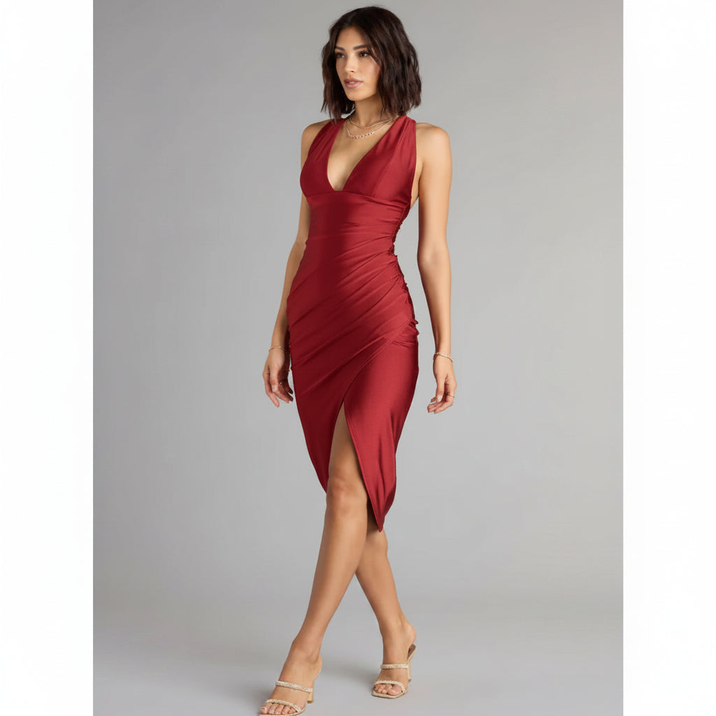 Vestido Terracota rojizo con escote en V pronunciado