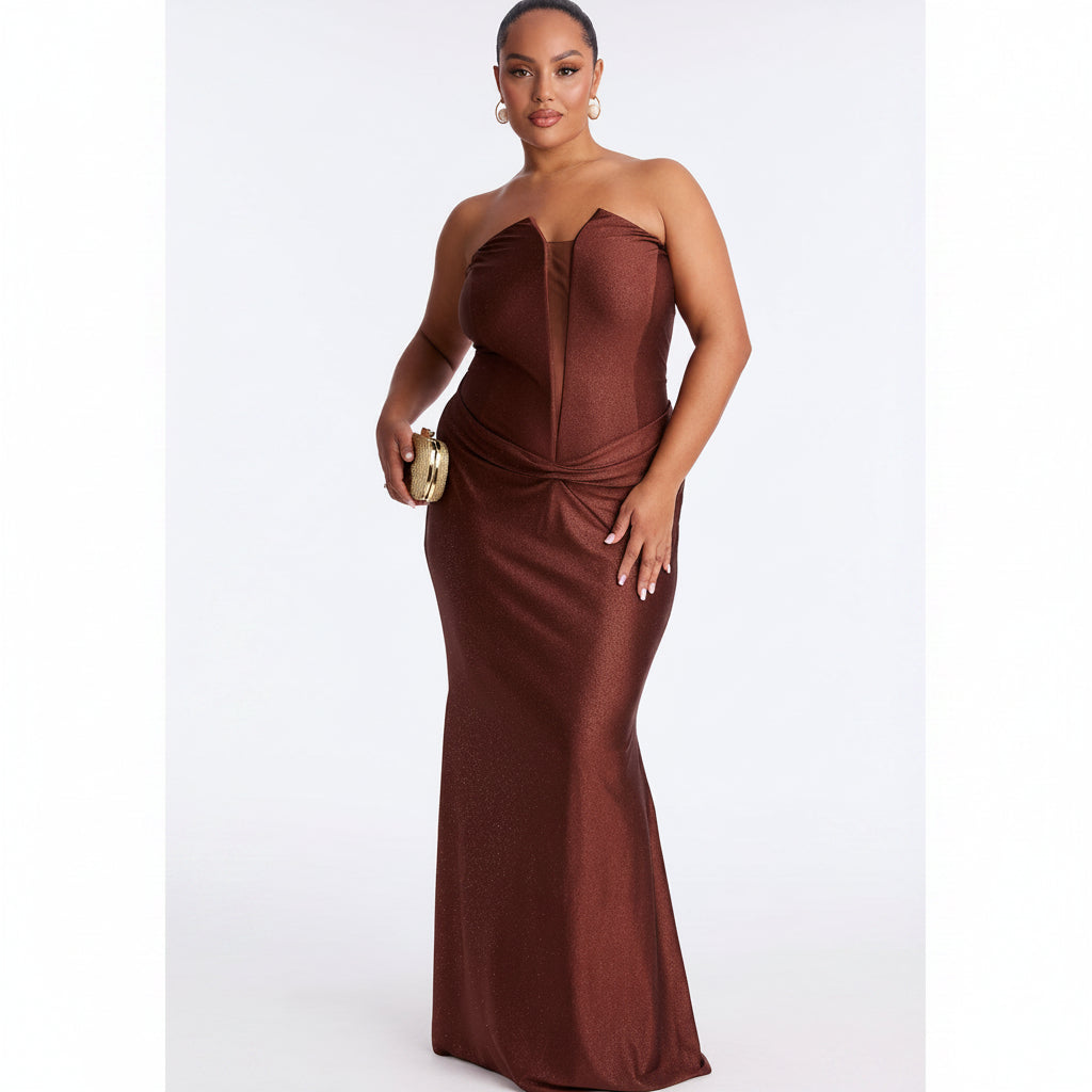 Vestido café straple con brillo pegado al cuerpo