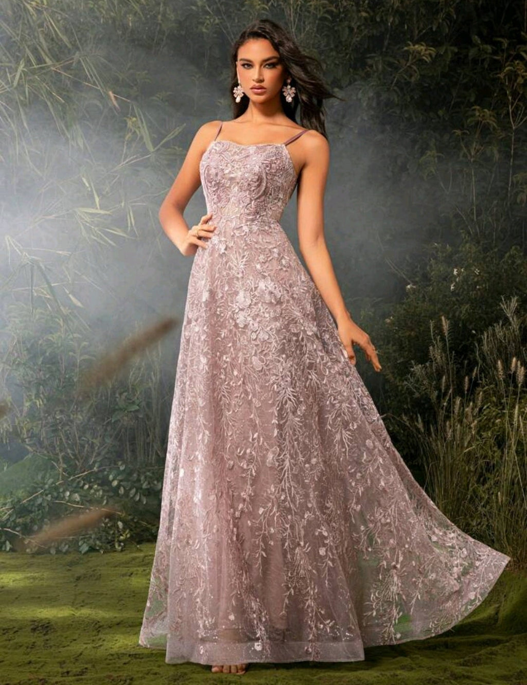 Vestido palo rosa estampado floral con transparencia corsé ajustable