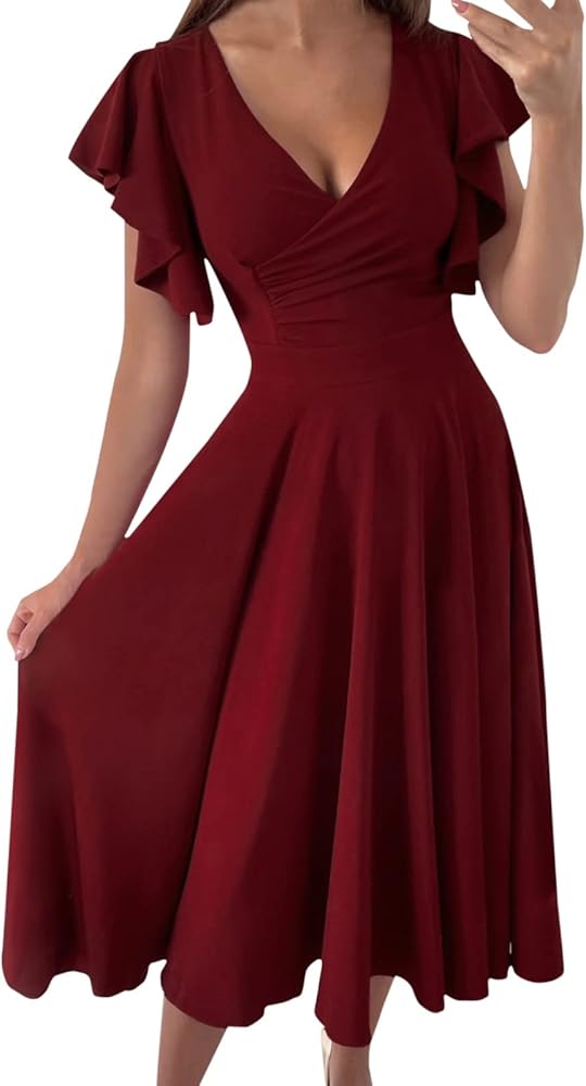 Vestido vino formal midi con escote en V