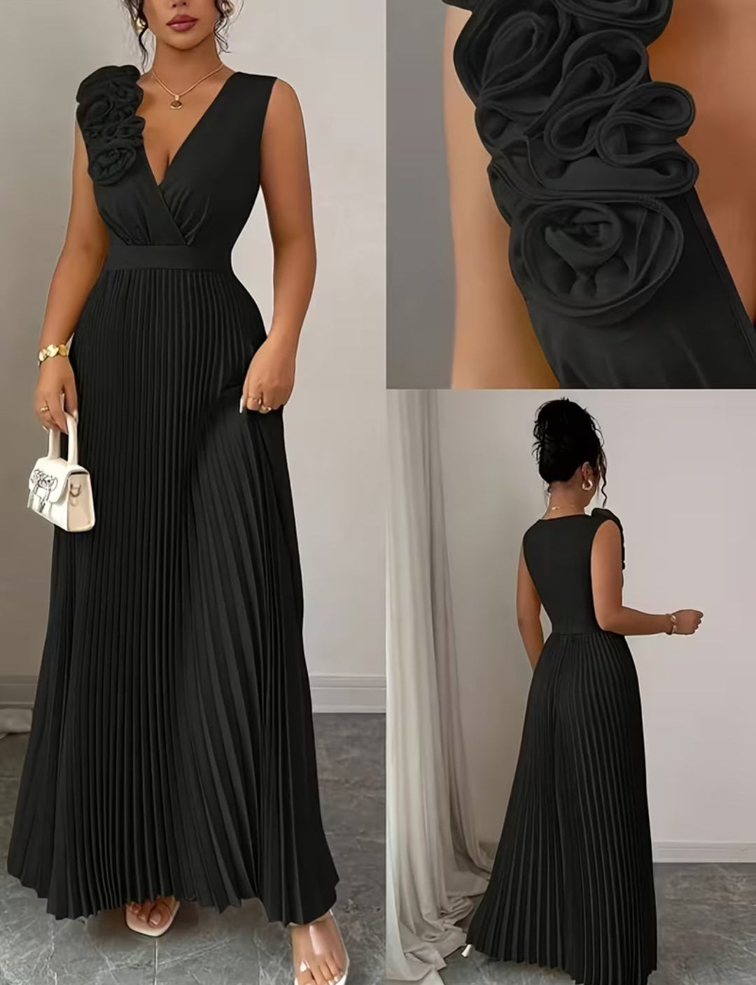 Vestido negro plisado con escote en V