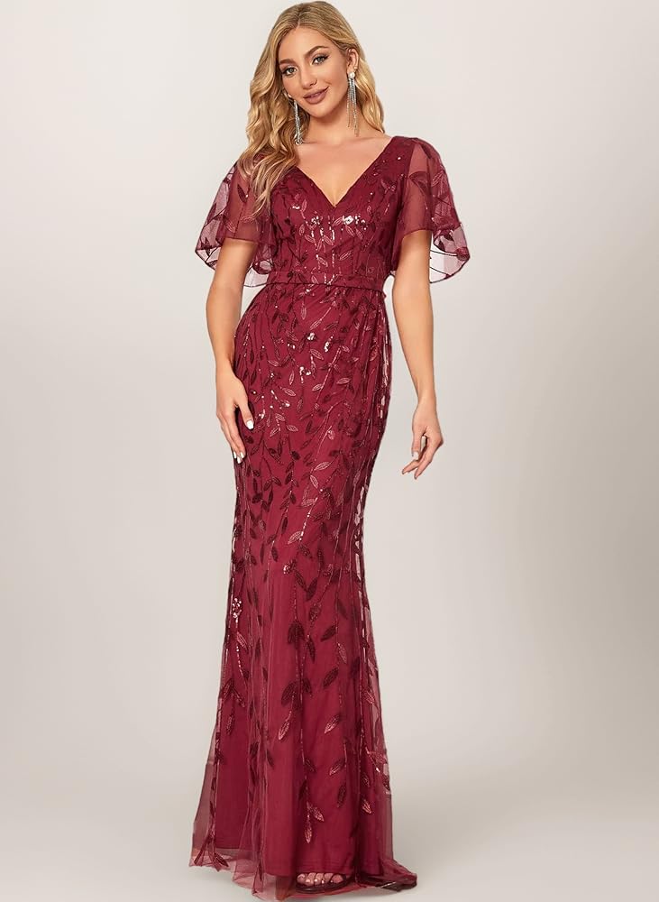 Vestido vino lentejuelas con escote en V