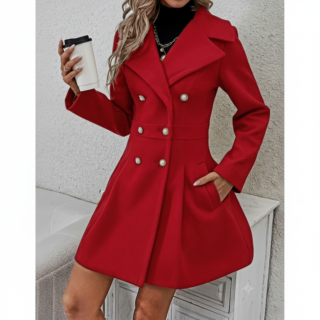 Cardigan rojo con botones blanco y dorado