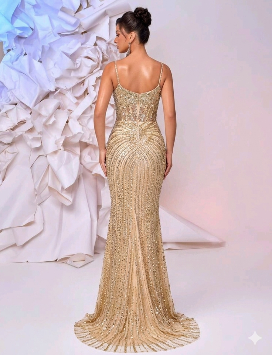 Vestido dorado con pedrería corte sirena